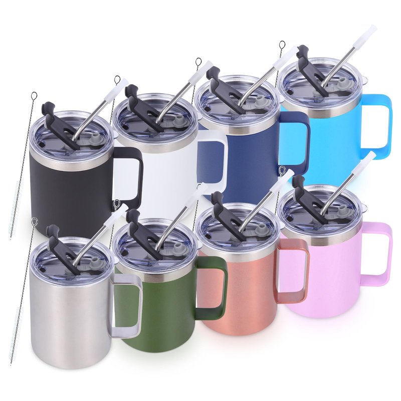 Volhoply 12oz Insulated Leakproof Coffee Mug with Flip & Straw Lid Bulk 8 Pack,Double Wall Vacuum Stainless Steel Travel Tumbler Cup with Handle,Reusable Camping Mugs Keep Cold(Assort color,8 Set)