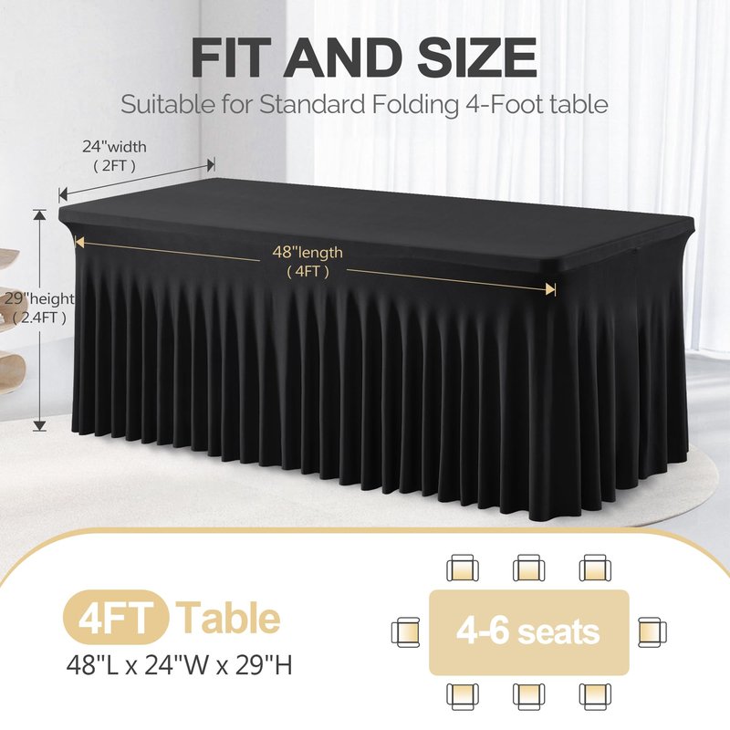 PARTISKY 4 Pack Black Spandex Table Cover with Skirt - 6ft Rectangle One-Piece Stretch Tablecloth for Wedding, Banquet, Birthday Party, Trade Shows & Foldable Tables