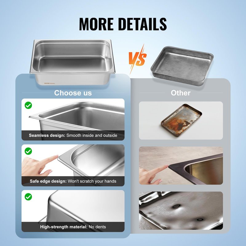 VEVOR 6 Pack Hotel Pans, Full Size 0.8mm Thick 6-Inch Deep Commercial Stainless Steel Restaurant Steam Table Pan, Catering Storage Food Pan, for Industrial & Scientific