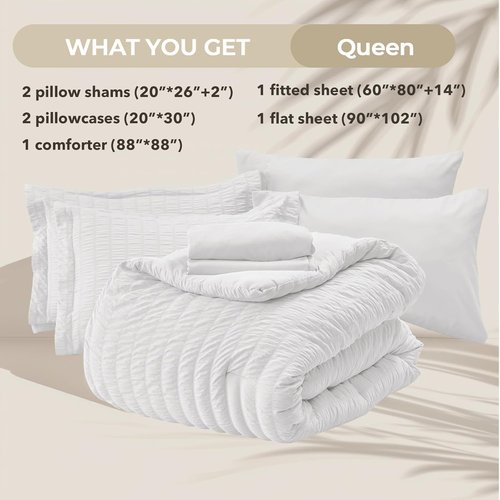 HYMOKEGE White Queen Comforter Set - Luxurious 7-Piece All-Season Bedding Set with Sheets & Pillowcases