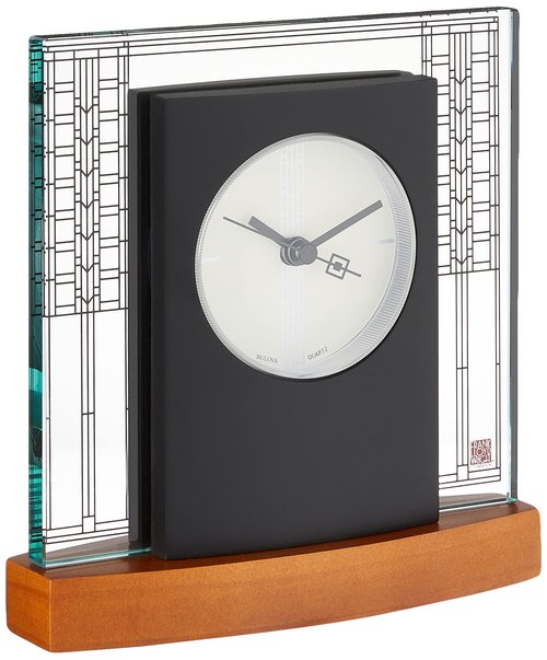 Bulova Glasner House Desk Clock B7750 | 6.25" Cherry Wood Base with Frank Lloyd Wright Art Glass Design | Silent Sweep Quartz Movement | Battery Operated | Architectural Accent Clock