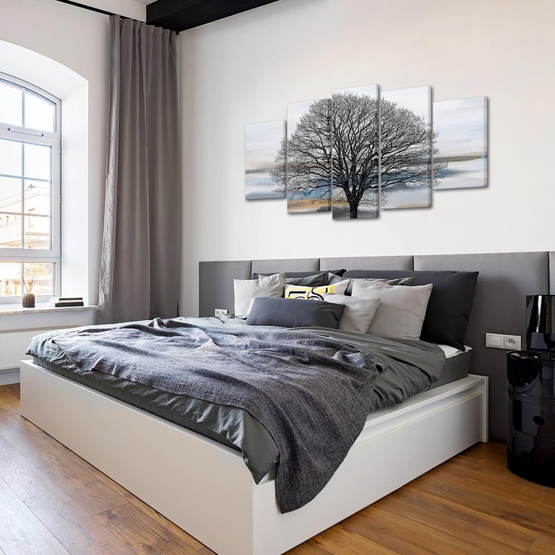 KLVOS Abstract Tree Canvas Wall Art 5 Panels Grey White and Blue Landscape Painting Modern Nature Artwork Pictures Living Room Bedroom Decoration