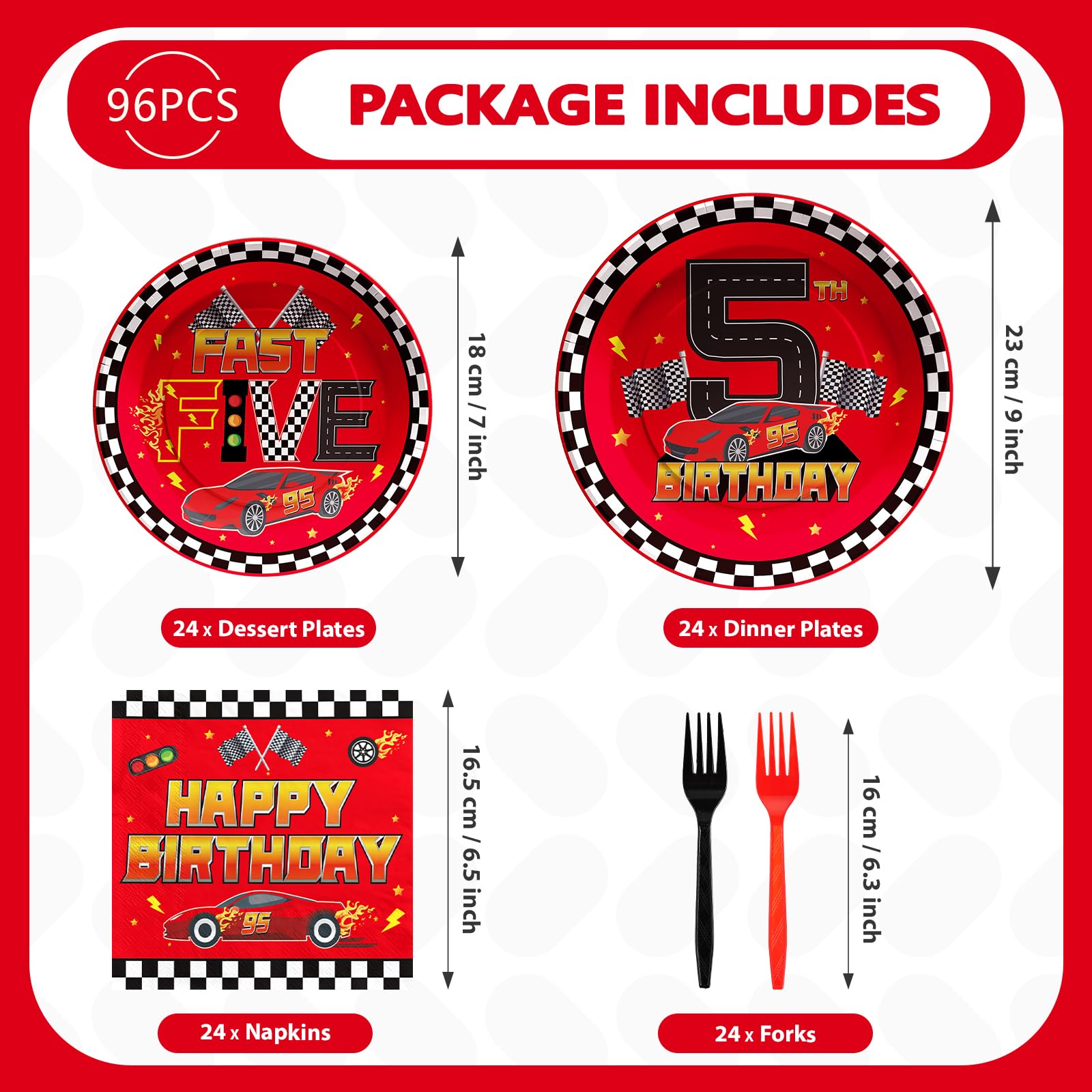 Grencian 96Pcs Red Race Car 5th Birthday Party Decorations Supplies Hot Car Plates and Napkins Racing Themed Disposable Tableware Set for 5 years old Boys Transportation Birthday Party Serve 24