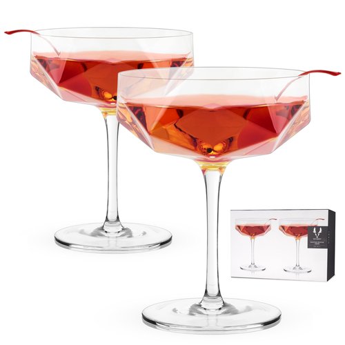 Viski Faceted Coupe Glasses set of 2, Champagne, Martini, Wine, Crystal Cocktail Glasses for Bar, Drinking Glass Set of 2, 7oz