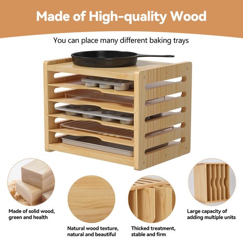 tonchean Wooden Cabinet Tray Dividers 6 Tier Baking Cookie Sheet Organizer Kitchen Vertical Tray Divider Organizer for Pots, Cutting Board, Pans, Kitchen Organizers and Storage