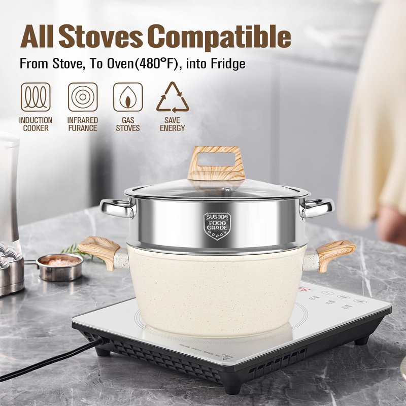 Granite Kitchen Cookware Set, 12 Pcs Non Stick Pots and Pans, Frying Pans, Saucepans, Steamer - Healthy, Non-toxic, PFAS and PFOA Free (WHITE)