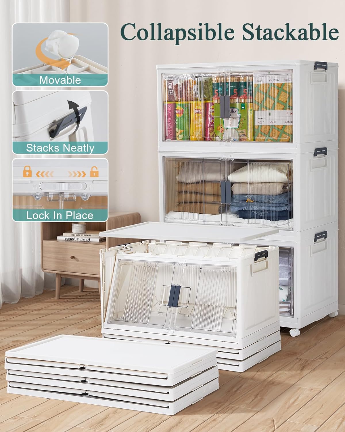 OlarHike Stackable Storage Bins - 97QT Collapsible Plastic Boxes with Lids & Wheels | 3-Pack for Easy Organization