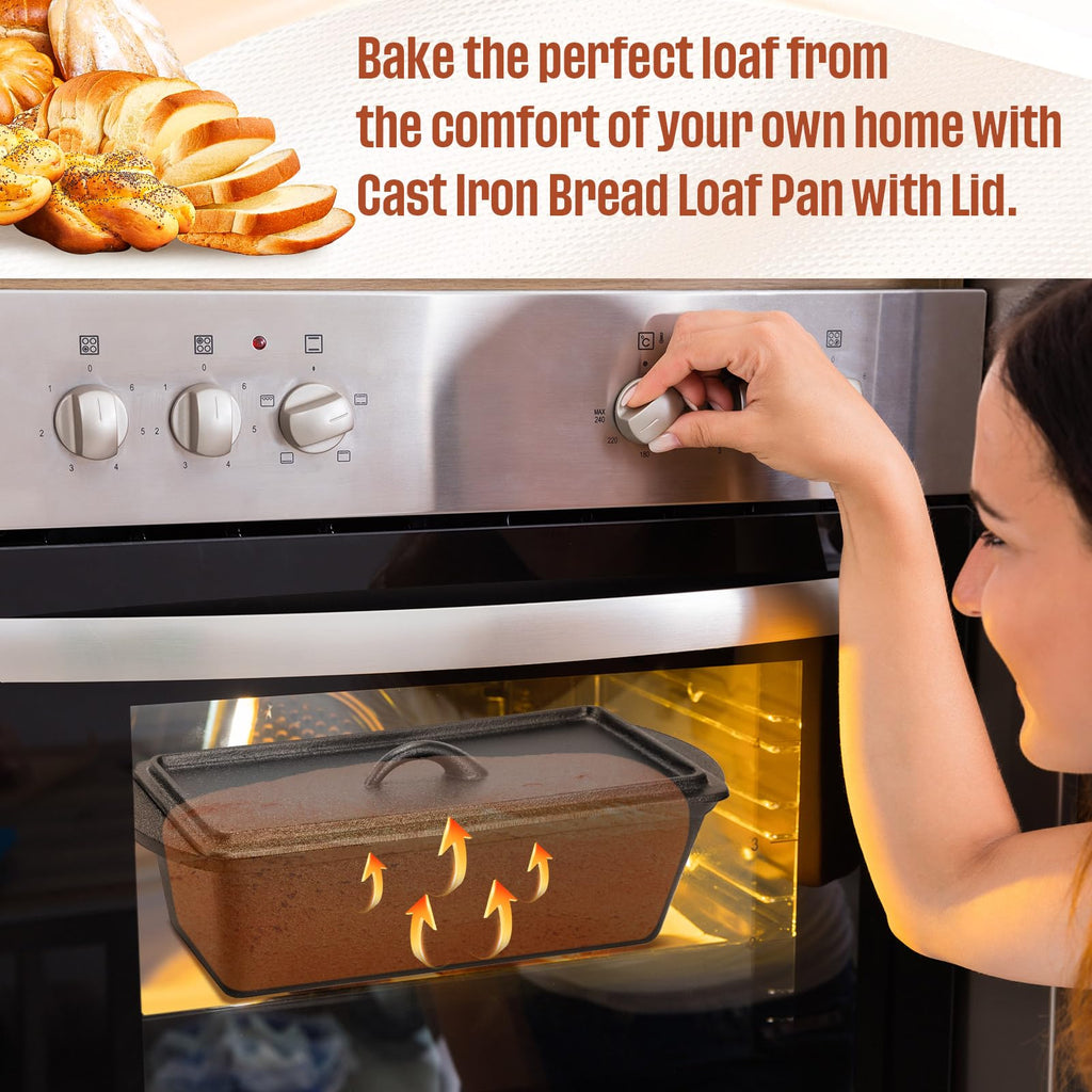 Teenyyou Cast Iron Bread Loaf Pan with Lid 13 x 5 x 4 Inches Heavy Duty Cast Iron Bread Pan with Dual Handles for Baking Meatloaf Homemade