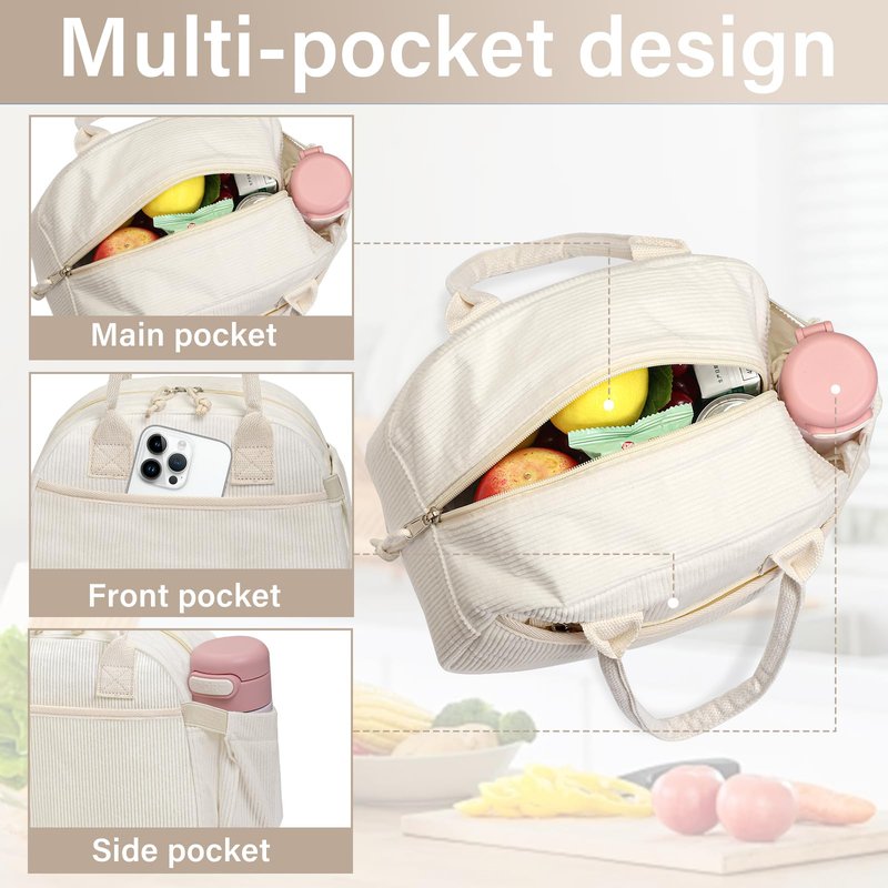 Carry bloom Lunch Box for Women, Insulated Lunch Bag Cute Corduroy Lunchbox Reusable Tote Bags for Work (beige corduroy)