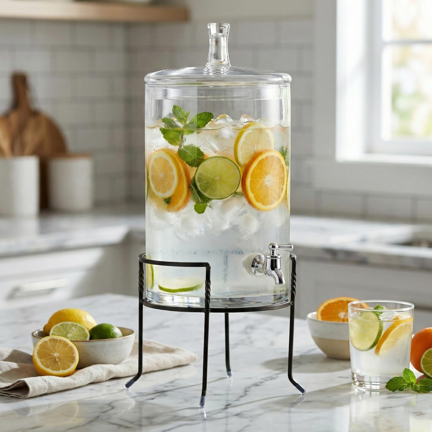 Style Setter Beverage Dispenser with Stand - 2.5 Gallon Large Countertop Glass Drink Dispenser w/Spigot & Lid - Party Drink Dispenser for Sweet Tea Lemonade Punch Water, Juice Dispensers for Parties