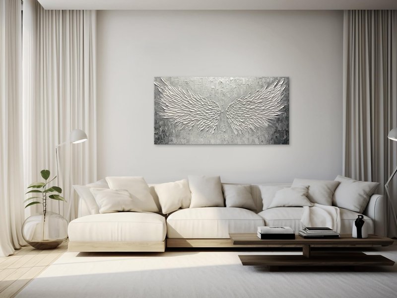 BASNLIFE Wall Art with Canvas Hand Painted Wings, Grey and White Heavy Texture Oil Painting Wall Decor, Modern Painting Artwork for Wall for Living Room Bedroom Office Home Decor(48" Wx24 L)