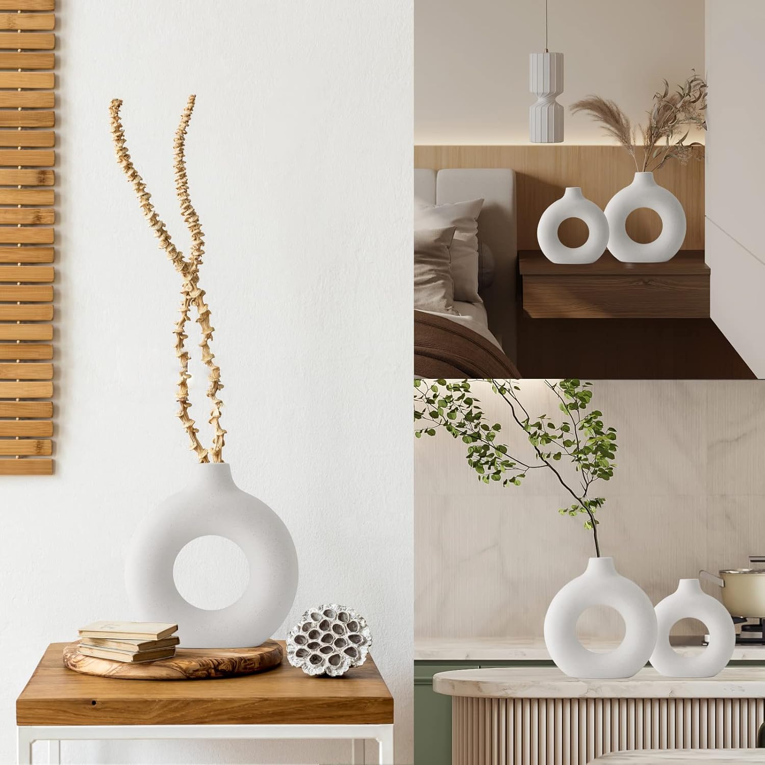 Skiennix White Ceramic Vases - Modern Circle Pampas Grass Decor | Set of 2 for Minimalist Home & Office
