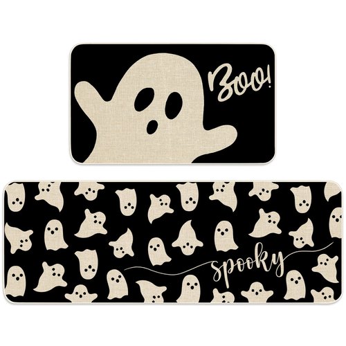 JarThenaAMCS Halloween Ghost Kitchen Mat Set of 2 Black Spooky Ghost Boo Kitchen Floor Mats Cute Non-Slip Door Rugs for Halloween Party Home Bathroom Entrance