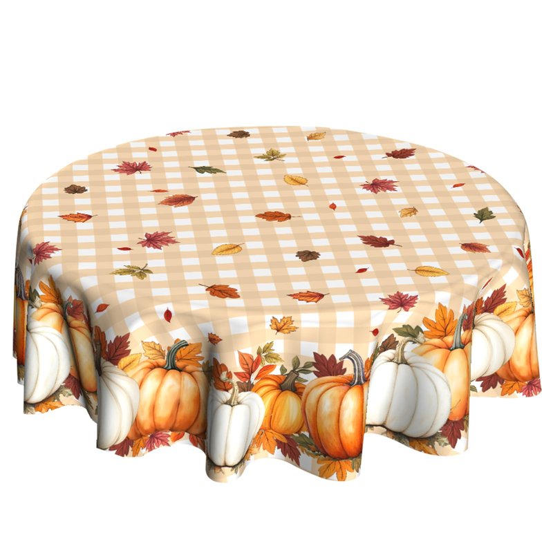 VentuCoven Pumpkin Table Cloth Fall Tablecloth 60 inch Maple Leaf Round Tablecloth for Kitchen Dining Circular Table Orange Buffalo Plaid