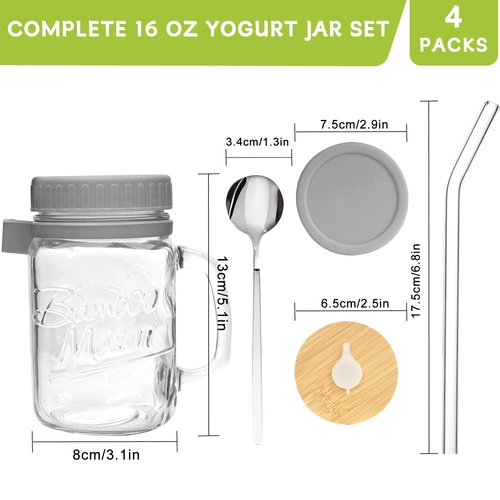 ANOTION Overnight Oats Containers with Lids and Spoons - 16 oz Mason Jars with Handle Set of 4 - Airtight Glass Meal Prep Containers for Oats Overnight, Yogurt Oatmeal Cereal Pudding Cups with Lids