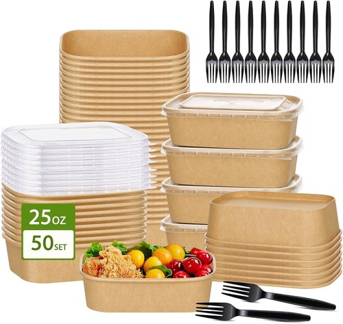 DI QIU REN 50-Pack 25oz Paper Bowls - Disposable Food Containers with Lids & Forks for Meal Prep