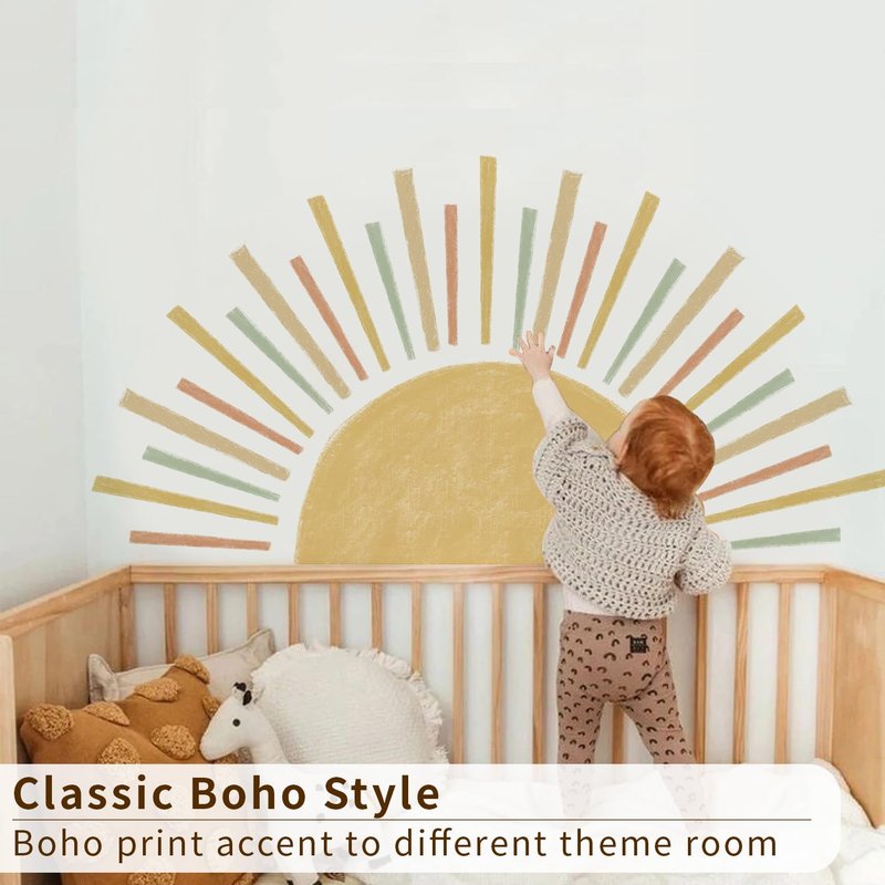 astrkiz Large Boho Half Sun Wall Decals Peel and Stick, Watercolor Pastel Sun Decal Sunrise Wall Murals Stickers, Sunshine Wall Stickers for Kids Room Playroom Nursery Bedroom, 48.07" x 24.82"