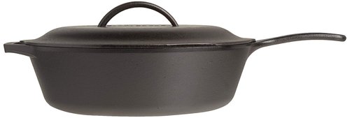 Lodge L10CF3 Cast Iron Covered Deep Skillet, Pre-Seasoned, 5-Quart & SCRAPERPK Durable Pan Scrapers, Red and Black, 2-Pack