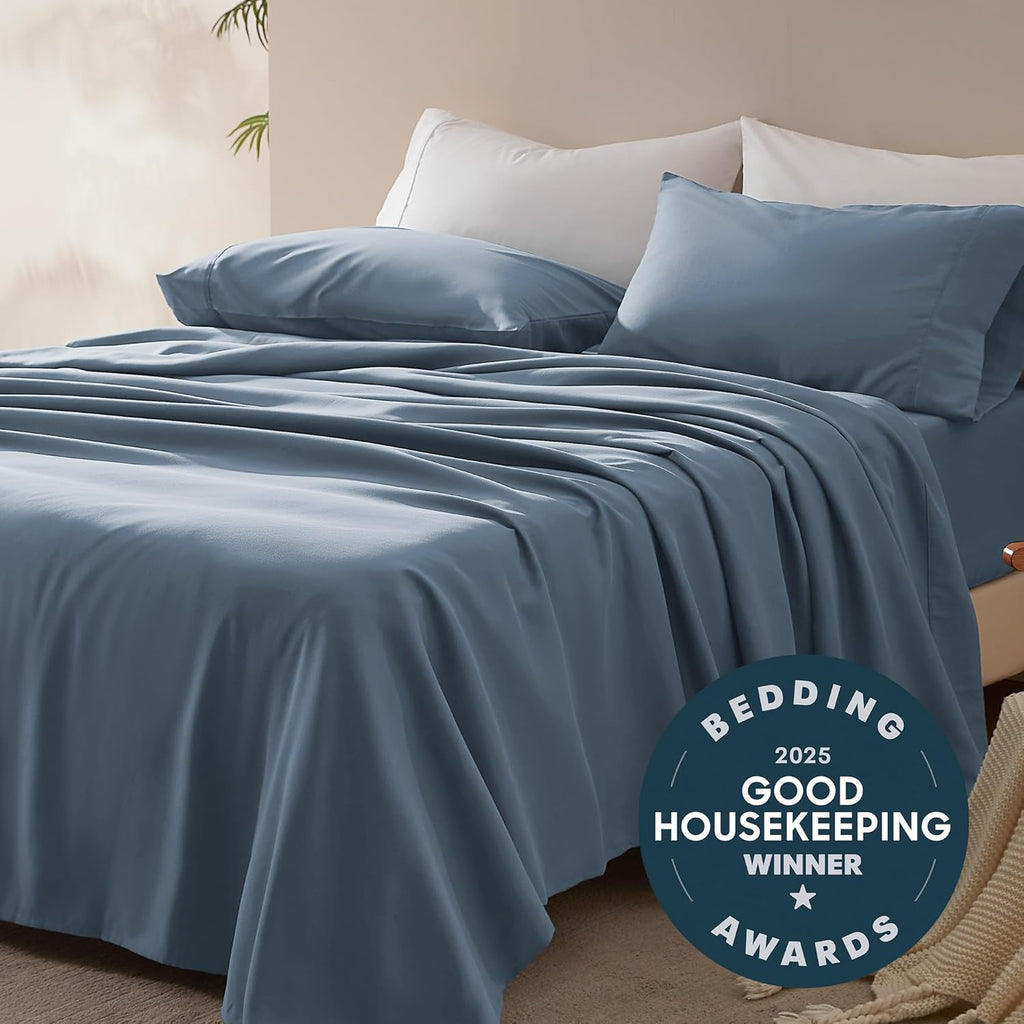 Sleep Zone Queen Sheet Set - Soft, Breathable & Cooling 4-Piece Bed Sheets | Deep Pocket 16" (Flint Blue)