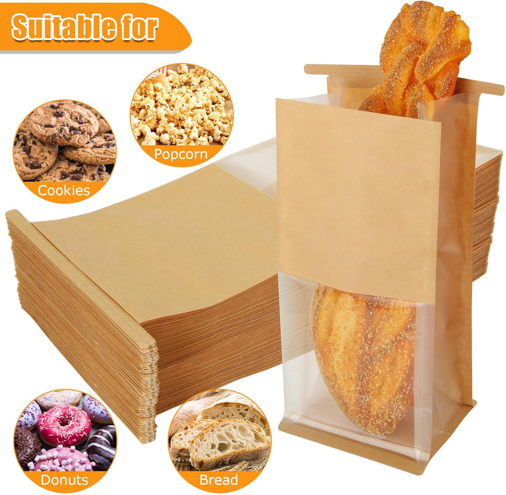 Skiennix Bakery Bags - 150PCS Brown Tin Tie Tab Lock Bags with Window | 5.1 x 4.3 x 11.2 Inch for Cookies & Gifts