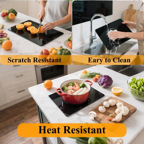 Tempered Glass Cutting Board for Kitchen, 16 x 20 Inch Cutting Board with Non-Slip Feet for Countertop, Dishwasher Safe, Rounded Corner Board, Shatter, Heat & Scratch Resistant-Black