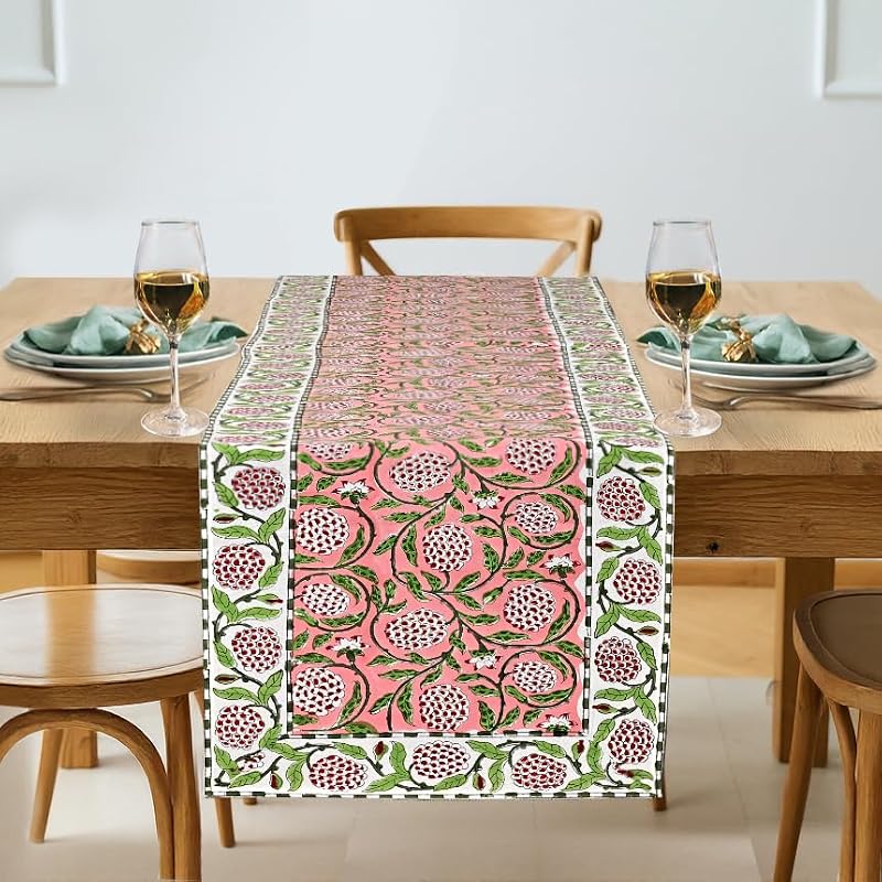 Ridhi Hand Block Print Table Runner Strawberry Pink 16x106 Inches, 100% Cotton