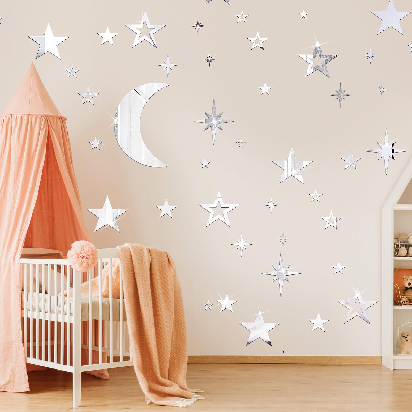 Shappy 100 Pcs Acrylic Moon Star Mirror Wall Stickers Decal 3D Acrylic Mirror Stickers Removable Decal for Room Good Night Nursery House Bedroom Wall Decor(Silver)