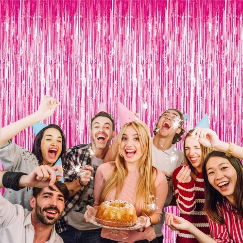 GOER Metallic Tinsel Foil Fringe Curtains - 3.2 ft x 8.2 ft Hot Pink Party Backdrop for Celebrations