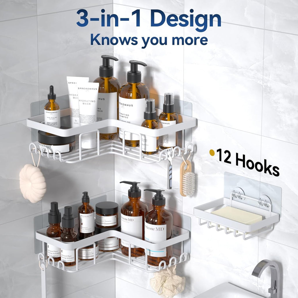 YASONIC Corner Adhesive Shower Caddy - Rustproof Stainless Steel Bathroom Organizer | 3-Pack with Soap Holder & 12 Hooks