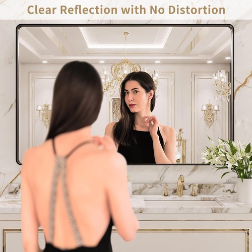 LOAAO Black Metal Framed Bathroom Mirror - 48x40 Inch Large Rounded Rectangle, Anti-Rust Tempered Glass