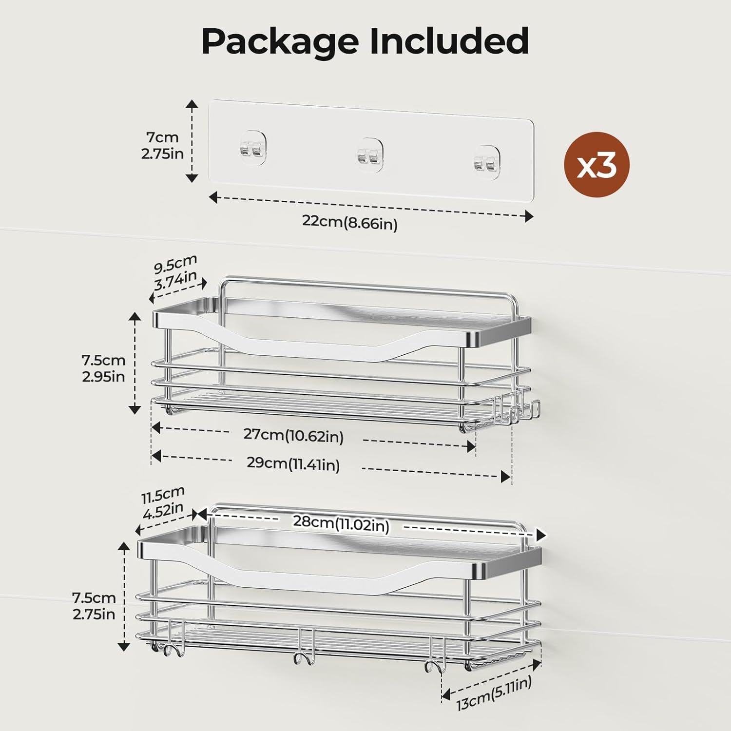 Orimade Shower Caddy - Wall-Mounted Storage Rack | Rust-Resistant Stainless Steel, Pack of 2 with 5 Hooks