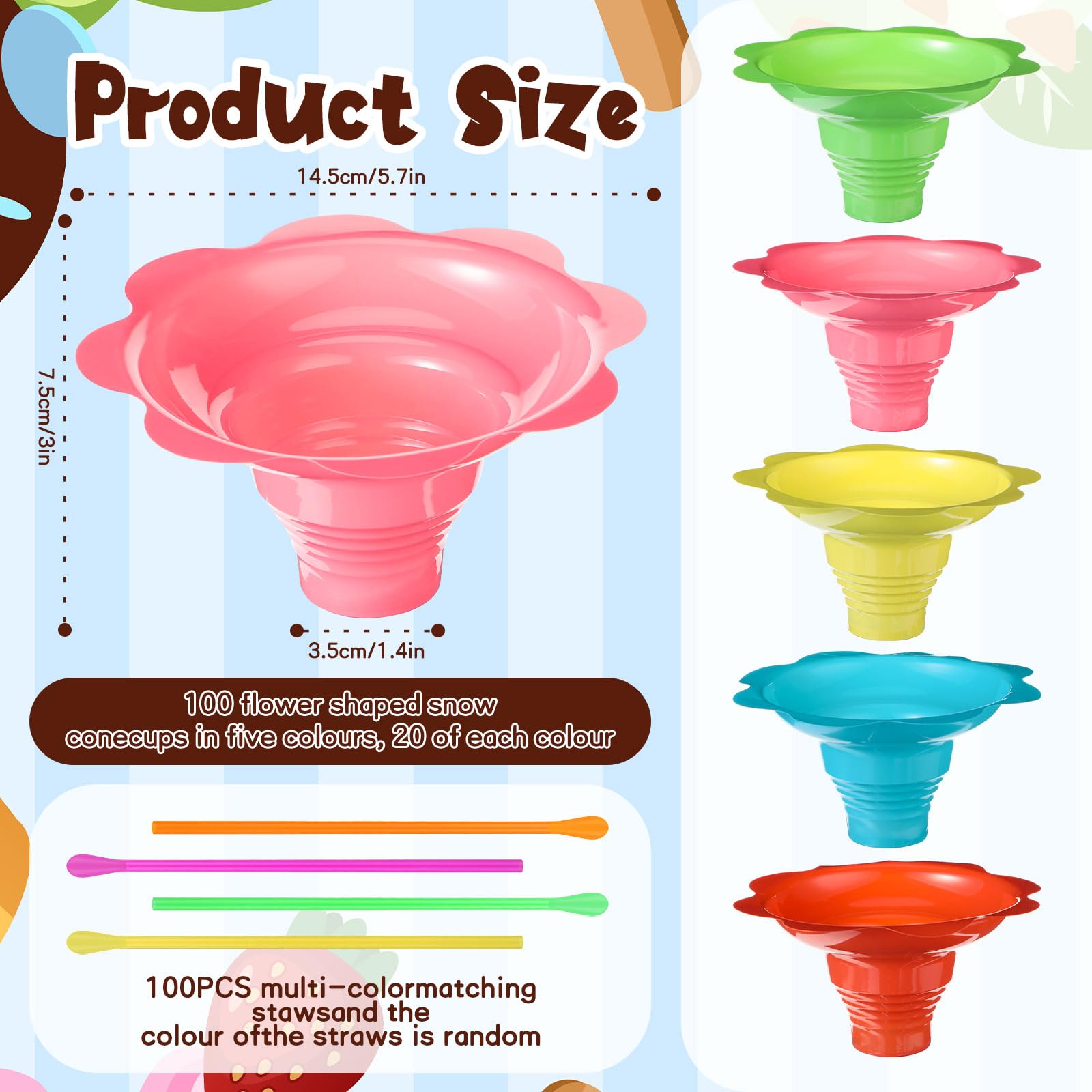 Silkfly 300 Pieces 4 oz Christmas Colorful Flower Snow Cone Cups Paper Umbrellas and Kit Spoon Straws, Shaved Ice Bowls Plastic Ice Cream Snack Small Bowls for Kids Birthday Party Summer Cookout