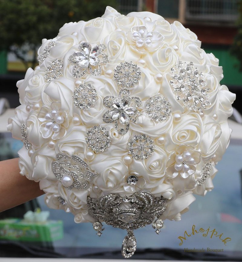 Mhojpik Bridal Wedding Bouquet Round Bling Brooch Bouquet Artificial Rose Flower Bunch for Bride Bridesmaid Wedding Quinceanera(Ivory, 9.8")