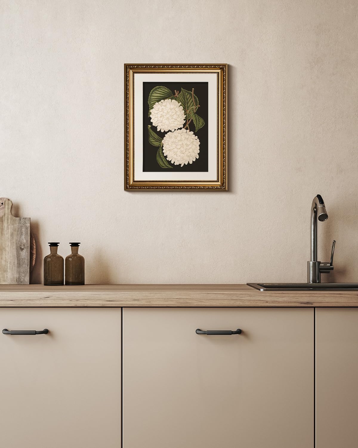 VIYYIEA Gold Framed Canvas Print - White Hydrangea Oil Painting for Elegant Home Decor | 13x16in