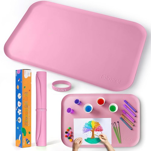 AtMini Silicone Craft Mat for Kids - 24"x16" Non-Slip & Raised Lip | Reusable Art Mat for Sand, Painting, DIY Crafts | Durable Pink Design