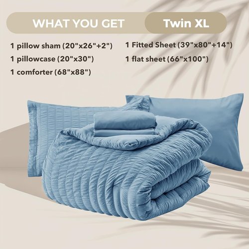 HYMOKEGE Twin XL Comforter Set - 5-Piece Seersucker Bedding Set for All-Season Luxury | Blue