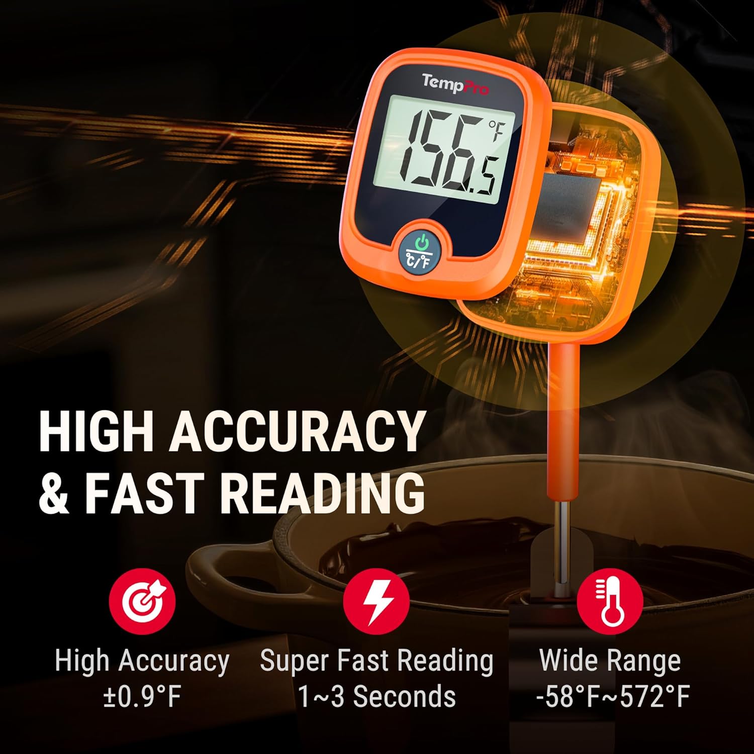 TempPro Candy Thermometer - Instant Read 10" Long Probe with Pot Clip & LCD Display for Cooking Oil & Sugar Brewing