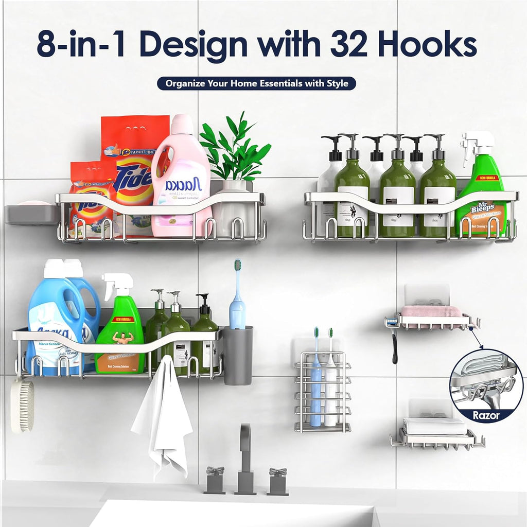 NESOMI Shower Caddy - Rustproof Stainless Steel Organizer with Large Capacity | No-Drill 8-Pack