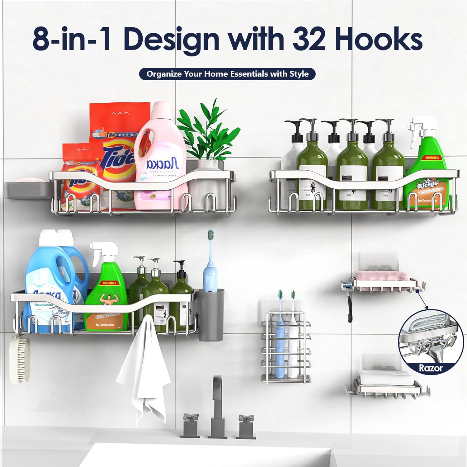 NESOMI Shower Caddy - Rustproof Stainless Steel Organizer with Large Capacity | No-Drill 8-Pack