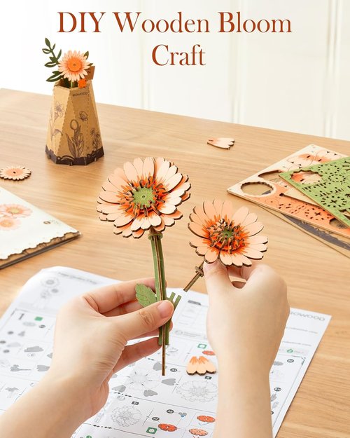 Gerbera Daisy 3D Flower Wooden Puzzle by [Brand Name] - DIY Botanical Model Kit for Adults | 105 PCS Creative Gift