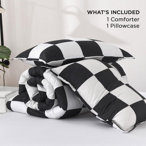 Andency Checkered Comforter Full(79x90Inch), Black White Plaid Gingham Bed Set for Teen Boys Kids, Lightweight Polyester Geometric Preppy Bedding, 3 Pieces