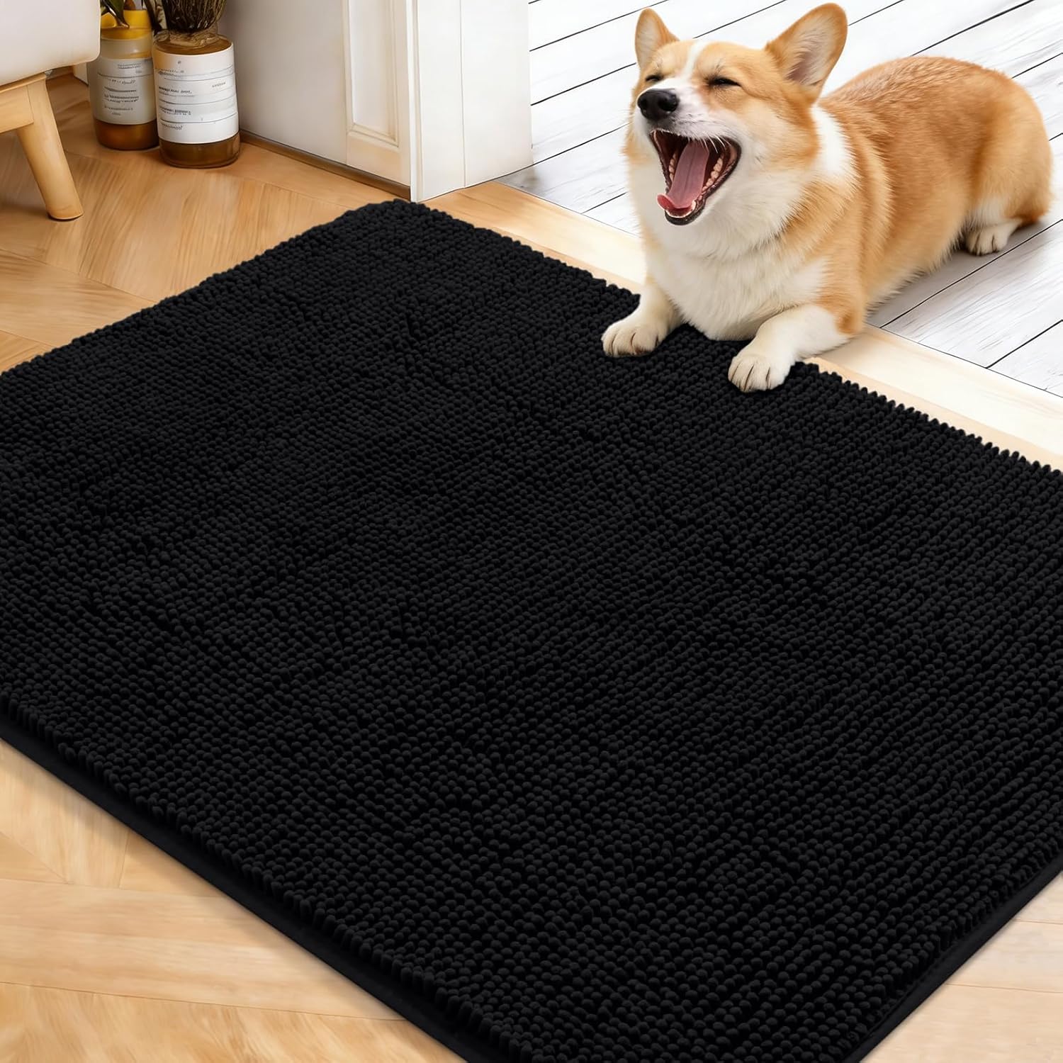 OLANLY Dog Door Mat - Absorbent Non-Slip Mud Mat for Indoor Use | 40x32 Inches, Quick Dry Chenille, Black