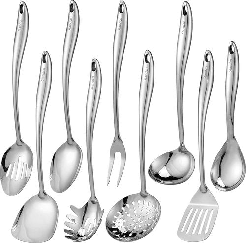304 Stainless Steel Kitchen Utensil Set - 9-Piece Cooking Tools with Solid & Slotted Spoons, Fork, Spatula & More