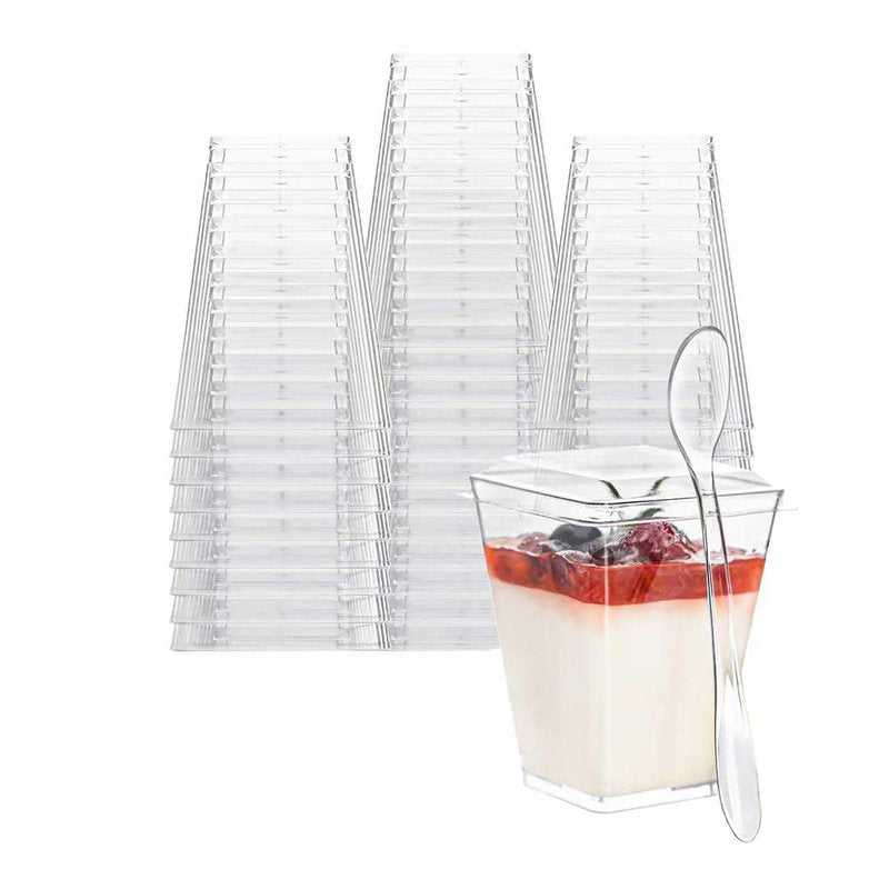 NZVCN 100 Pack 5oz Mini Dessert Cups with Soopns and Lids, Clear Square Dessert Bowls Small Plastic Parfait Cup Appetizer Cups for Wedding Party