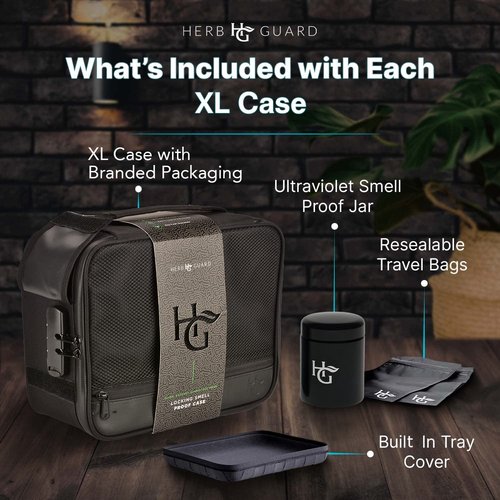 Herb Guard Extra Large Smell Proof Case with Combination Lock (Smell Proof Box Holds Herbs, Spices, Teas and Dried Foods) Comes with Smell Proof Jar, Built In Tray, Travel Bags