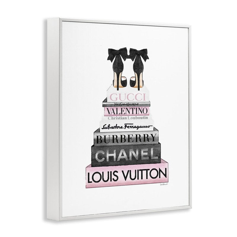 Stupell Industries 'Black Heels Pink Bookstack', Framed Giclee Art, White, 11 x 14 Inches, Easy to Hang and Sturdy, Made in USA, by Amanda Greenwood