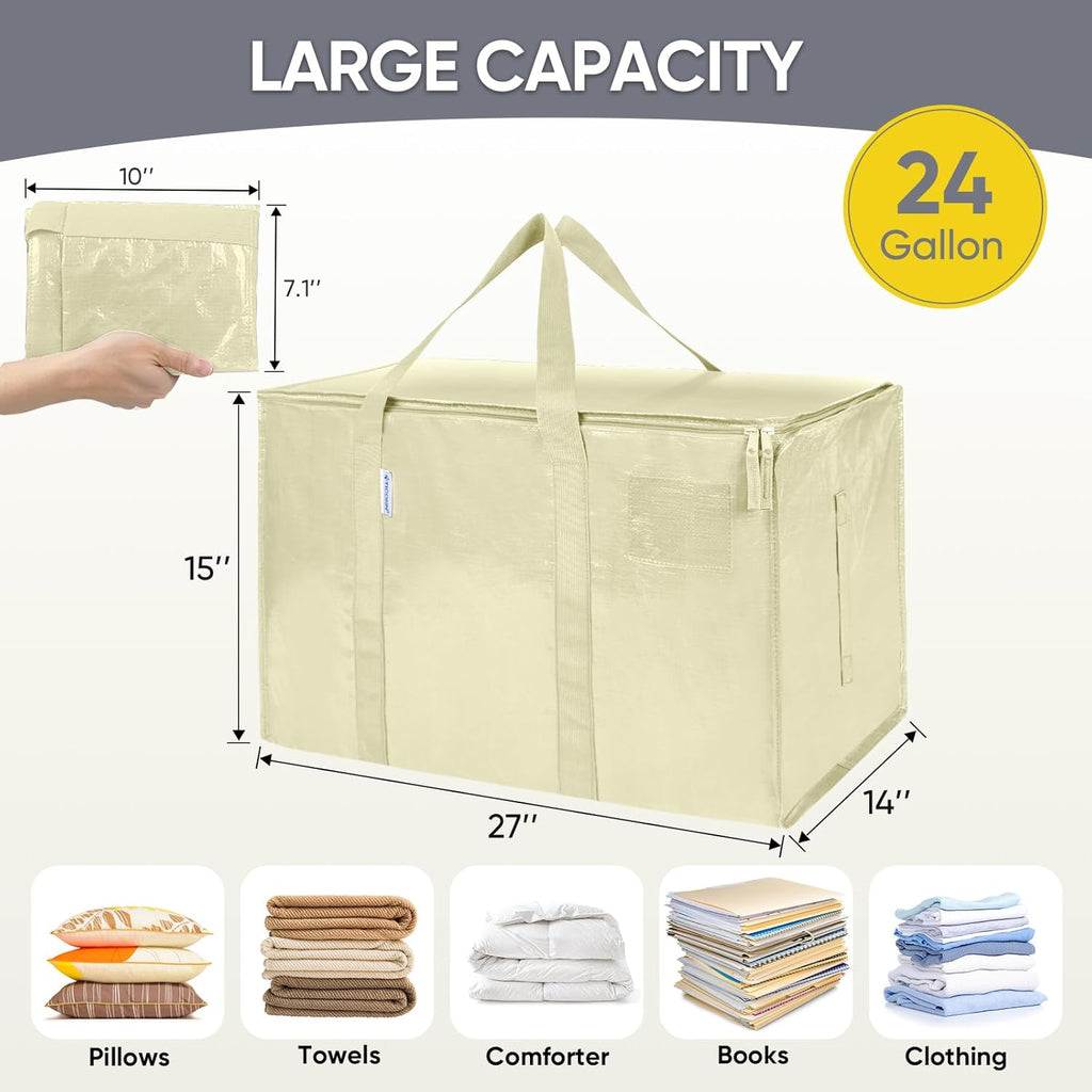 TICONN Extra Large Heavy-Duty Moving Bags - Durable Storage Solution with Zippers & Handles | 2 Pack, Cream