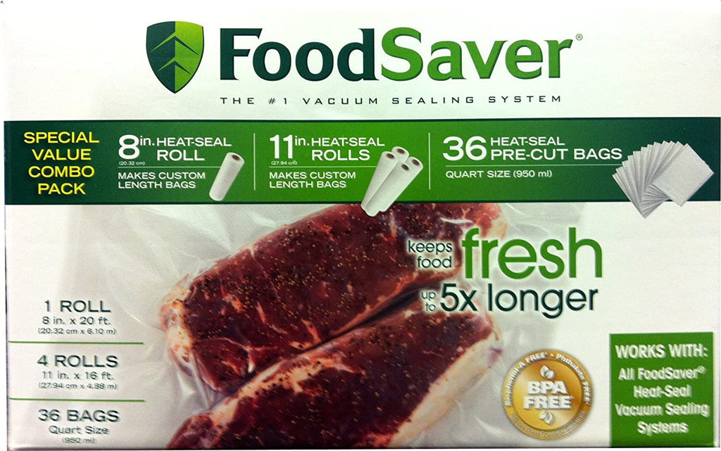 FoodSaver Special Value Vacuum Seal Combo Pack 1-8"Roll; 4-11"Rolls; 36 Pre-Cut Bags
