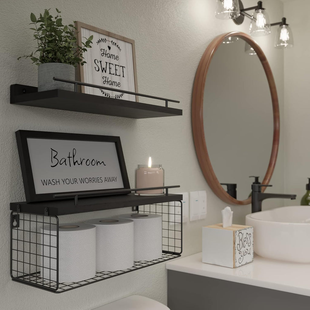 WOPITUES Floating Wall Shelves - Stylish Bathroom Organizers with Metal Guardrail | Black Finish