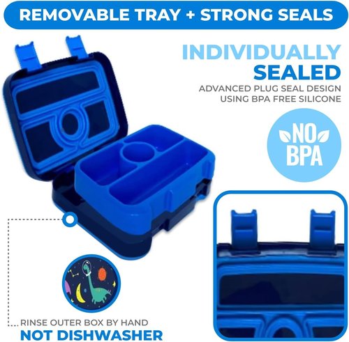 kinsho Kids Lunch Box - Bento Box for Boys Toddler Daycare, 4 Portion Sections with Lid, Snack Container Pre-School Kid Lunches Toddlers Removable Tray BPA Free, 3+ Years Old, Blue Rocket Dinosaur
